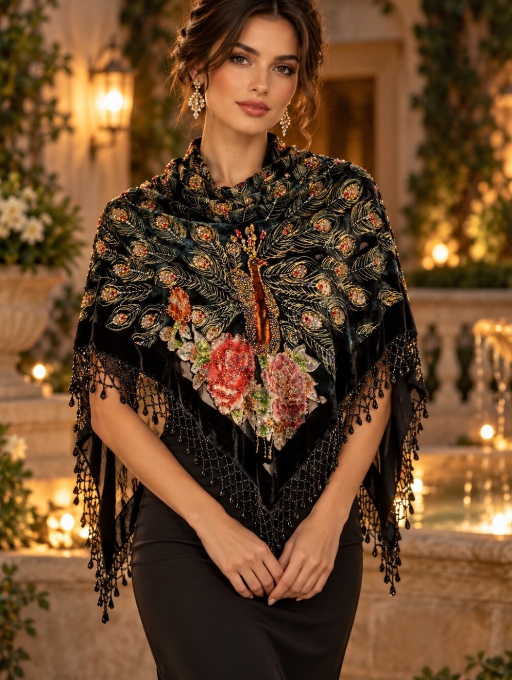 Black Velvet Peacock Shawl Beaded Fringe Floral Embroidered Wrap Whimsigoth Boho